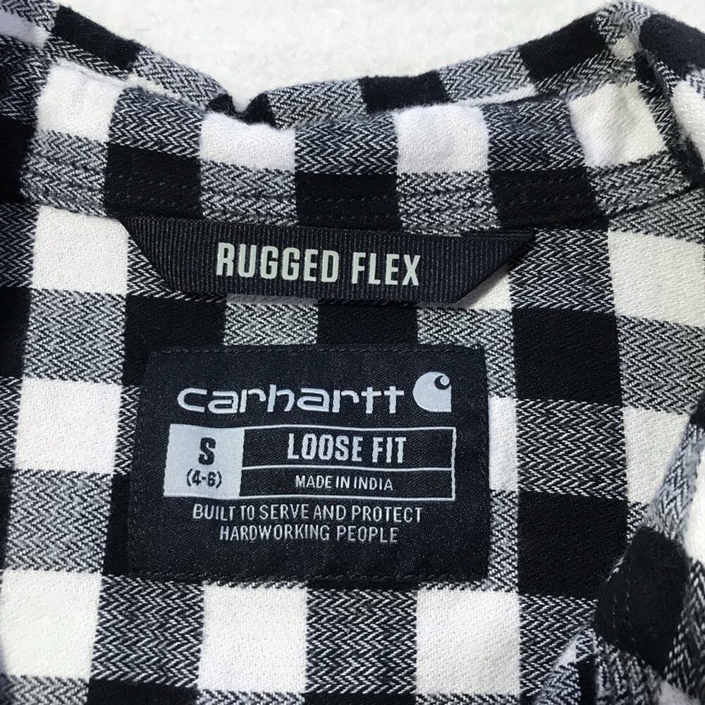Carhartt womens S black white plaid long sleeve button up flannel loose fit - Picture 3 of 8